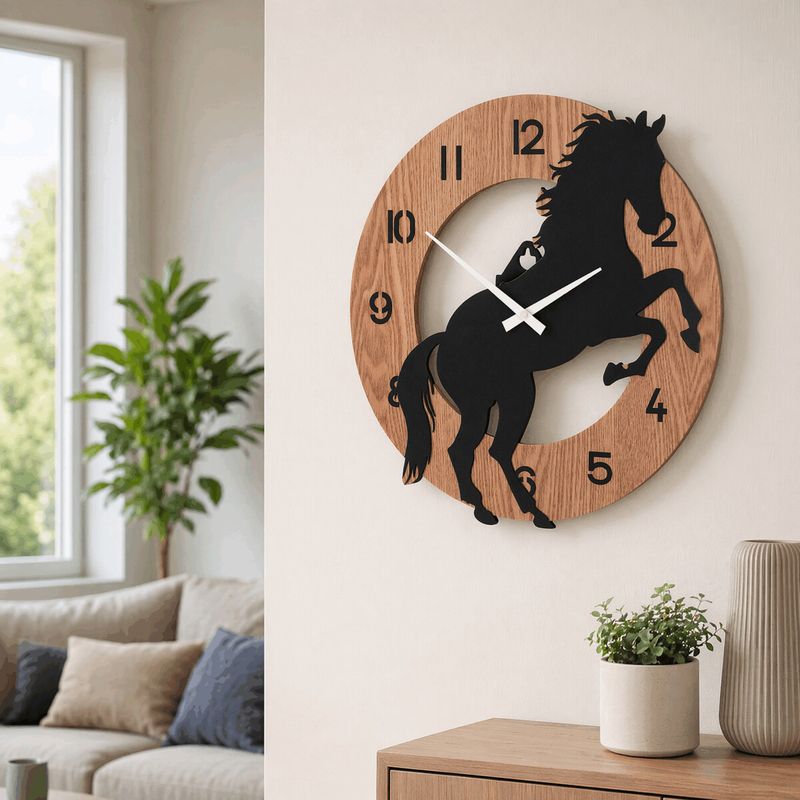 Hodiny nástenné, pr. 40 cm, MDF a kov, motív koňa, HW4022