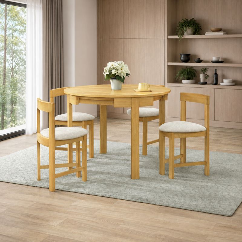 Jedálenský set 1+4, 103x103cm, drevo dub svetlý, látka béžová, DOMIO