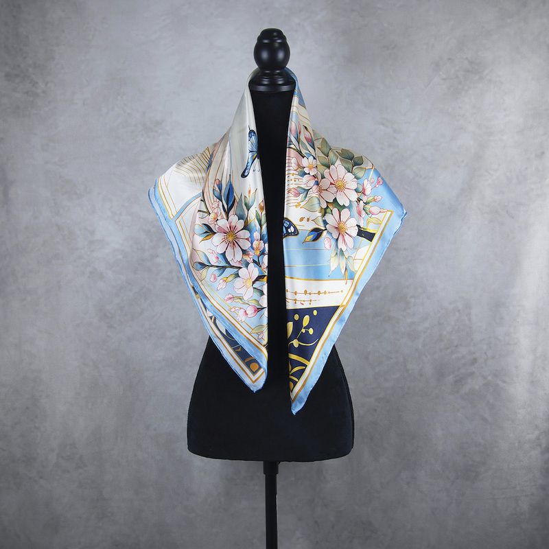 Módna hodvábna šatka JARNÁ ZÁHRADA – MODRÁ, 90 x 90cm, MADE IN SLOVAKIA
