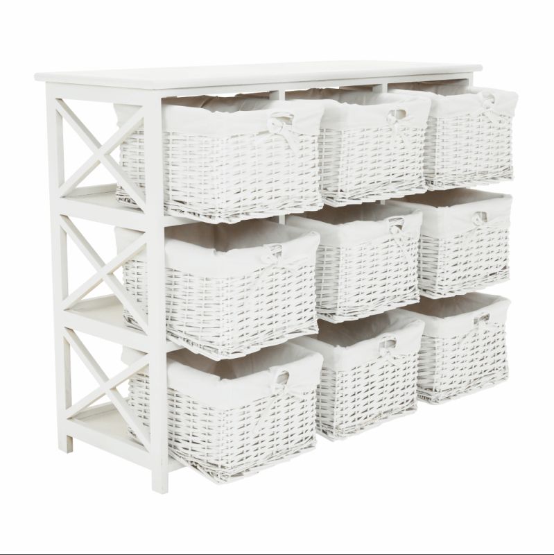 Komoda, 94cm, 9 košíkov, drevo, prútie, biela, RAFAELLO