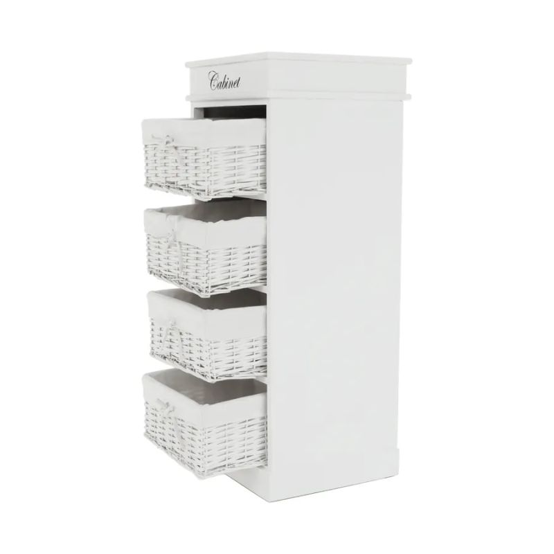 Komoda, 45cm, 4 košíky, drevo, prútie, biela, BLANCO