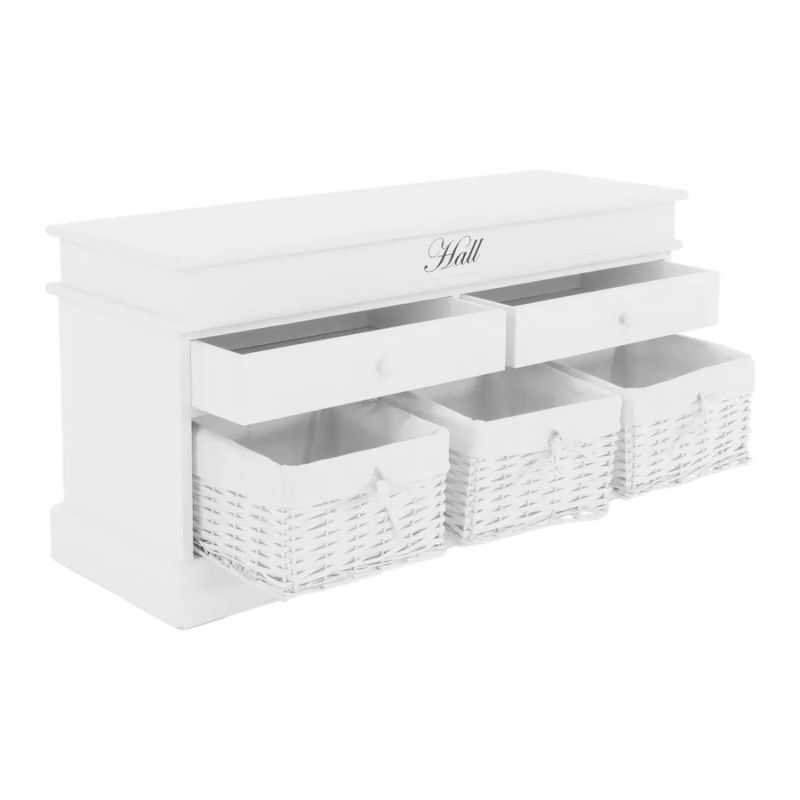 Lavica, 100cm, 3 košíky, 2 zásuvky, drevo, biela, BLANCO