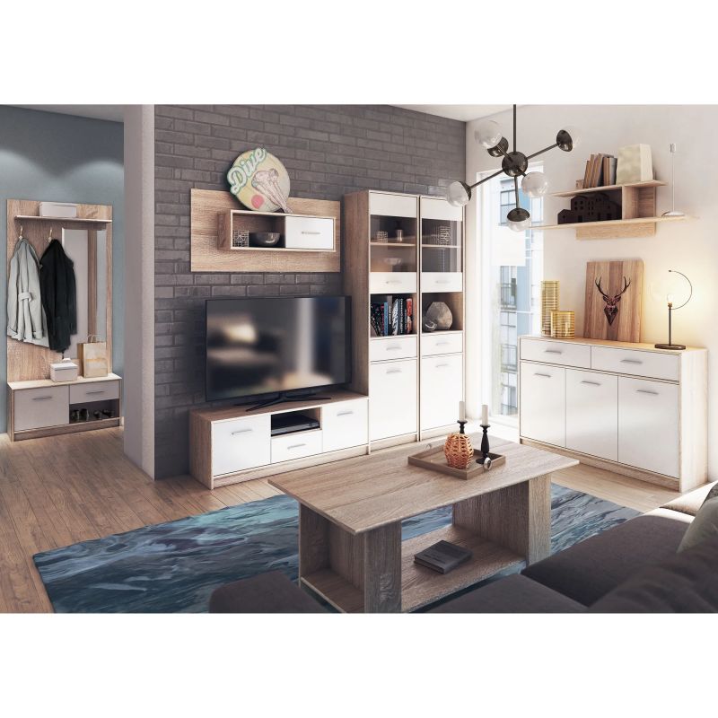 Vitrína, 83cm, biela, dub sonoma, TEYO 2D1W1S