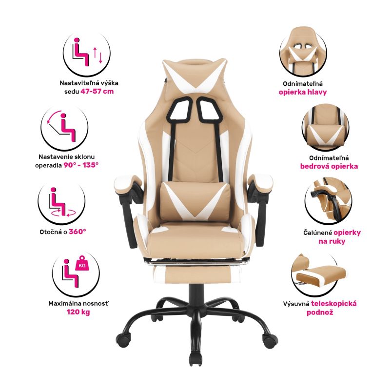 Kancelárske, herné kreslo, béžová a biela ekokoža, OZGE 2 NEW