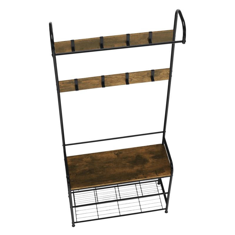 Vešiak s botníkom, 185cm, čierny kov, MDF rustikálne drevo, KELAM