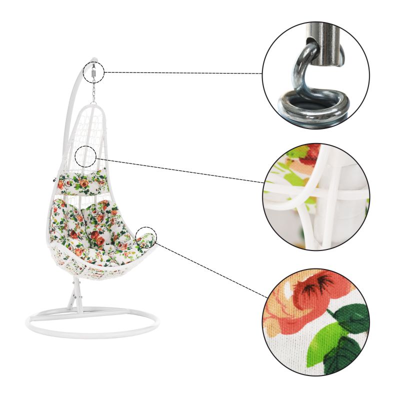 Závesné kreslo, kov biely, látka vzor kvety, KALEA 2 NEW