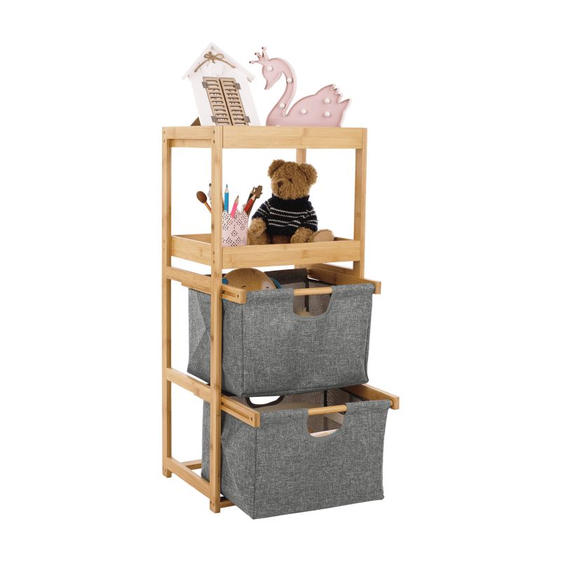 Regál, 40cm, lakovaný bambus, látka sivá, KELANA