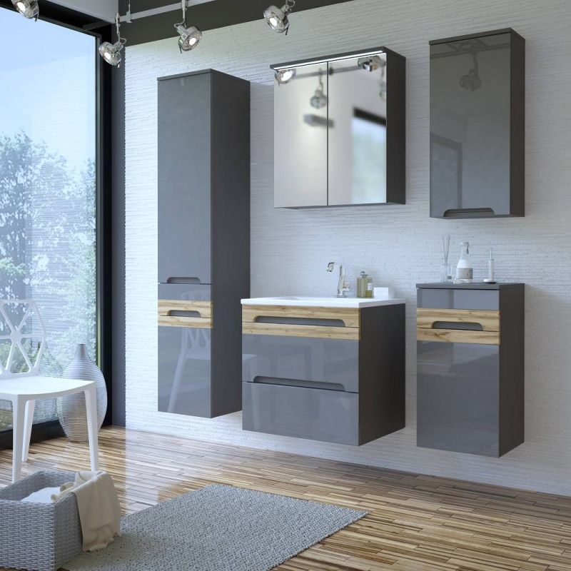 Vysoká skrinka so zrkadlom, 45cm, sivá, lesk, dub wotan, GALAXY GRAFIT 802