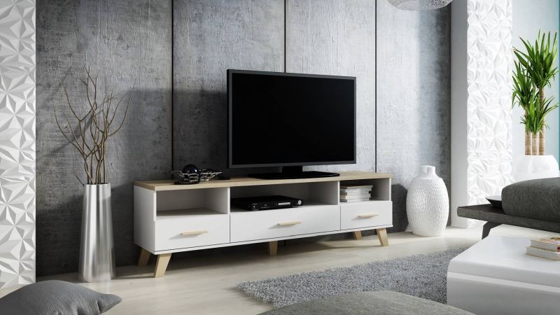 Televízny stolík, 180cm, biela brylantowa, dub sonoma, LOTTA 3S3K
