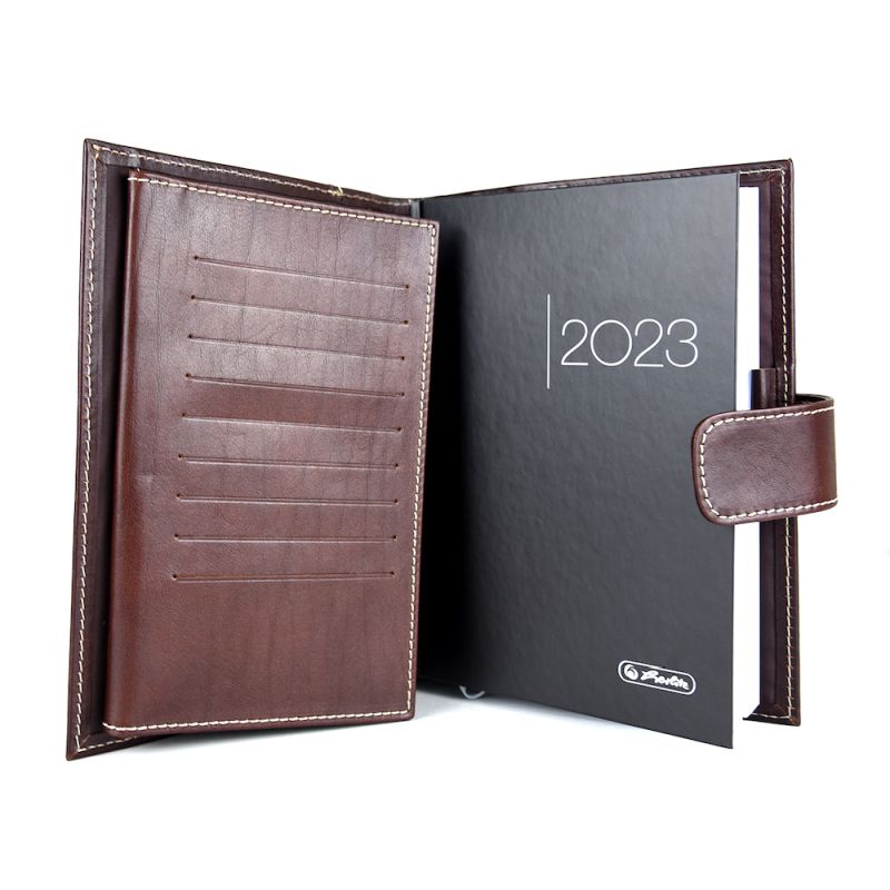 Kožený pracovný diár v tmavo hnedej farbe (svetlé prešitie)