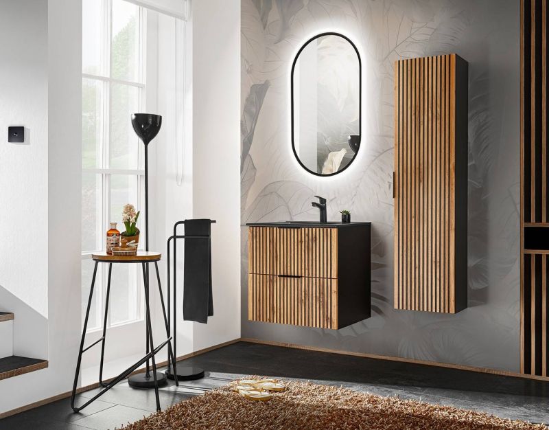 Skrinka pod umývadlo, 60cm, čierna, dub wotan, XILO BLACK WOTAN 82-60-D2S