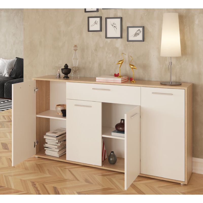 Komoda, 163cm, kombinovaná, dub sonoma, biela, LUNIA