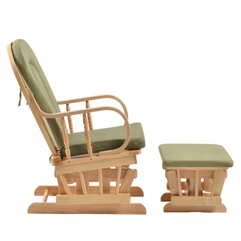 Hojdacie kreslo s podnožou, prírodné drevo, zelená látka, DALBERT