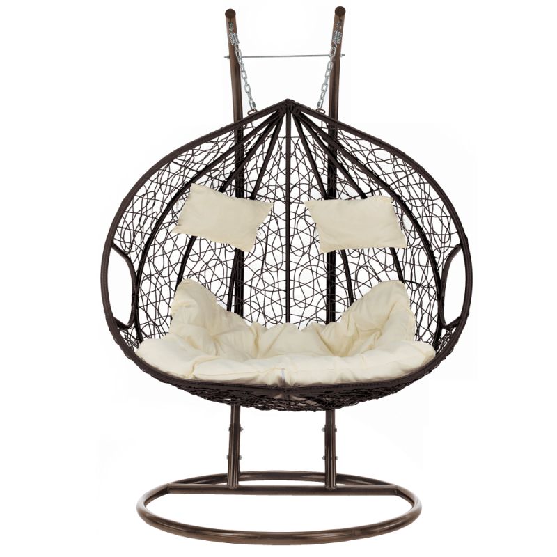 Závesné dvojkreslo, kov medený, ratan hnedý, látka krémová, DALVEA 2 NEW