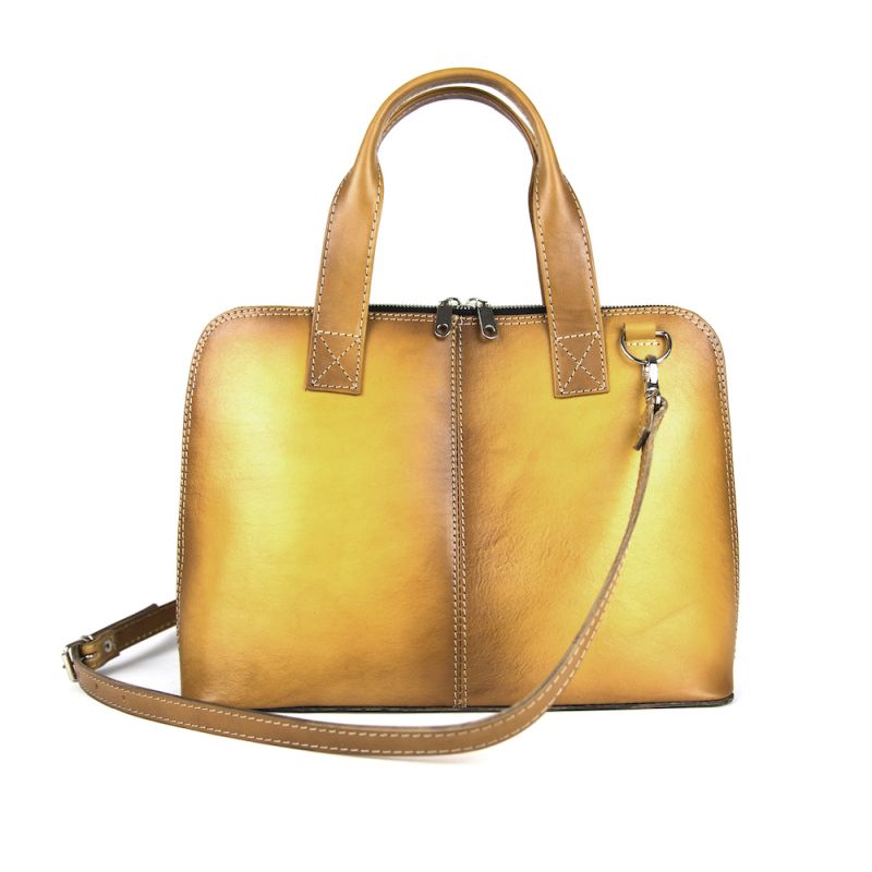 Dámska kožená kabela vhodná na formát A4, ručne tieňovaná, tmavo žltá farba