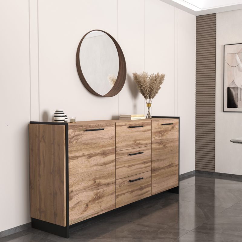 Komoda, 180cm, kombinovaná, dub wotan, čierna, AMONI 2D3S