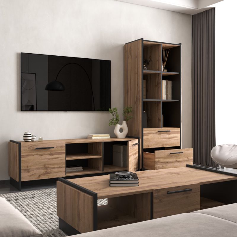 TV stolík, 159cm, dub wotan, čierny, AMONI 2D