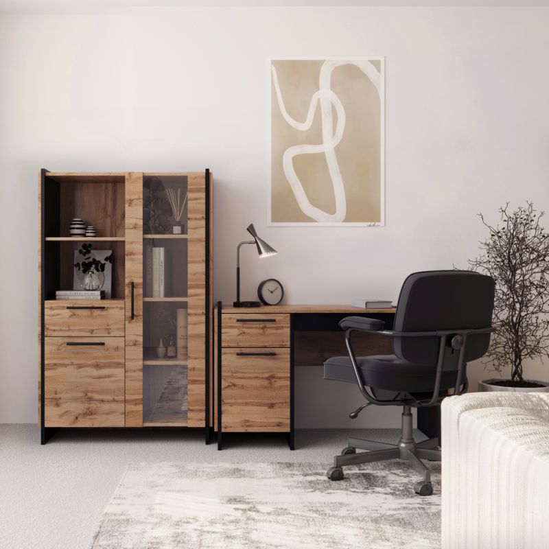 Nízka vitrína, 96cm, dub wotan, čierna, AMONI 1D1W1S