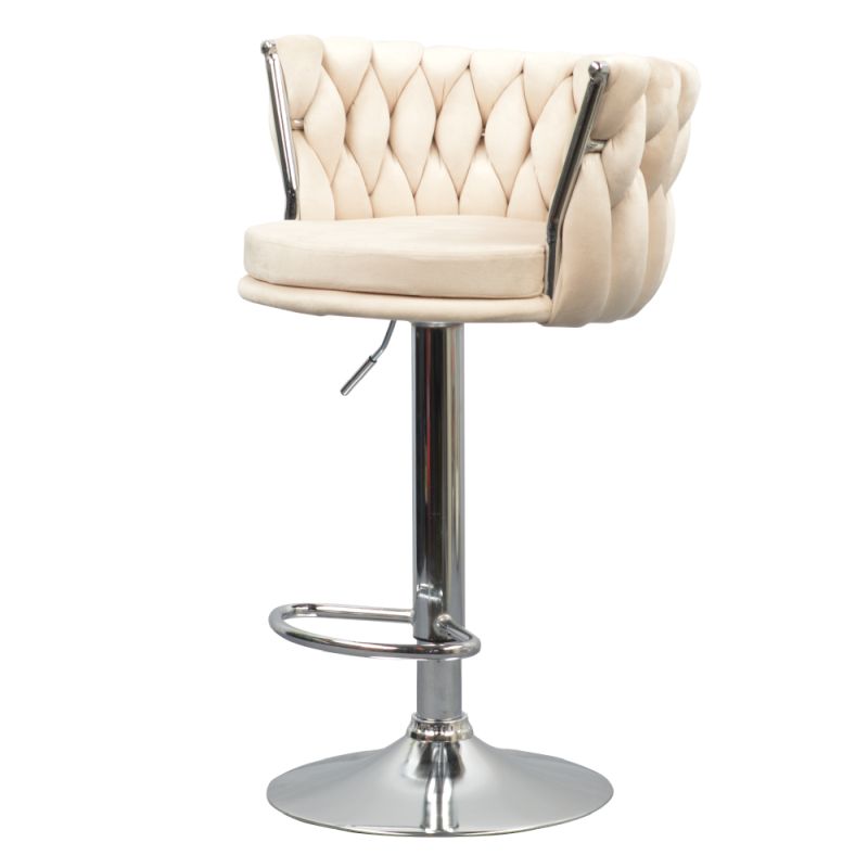 Dizajnová barová stolička, béžová Velvet látka, noha chróm, BRIN