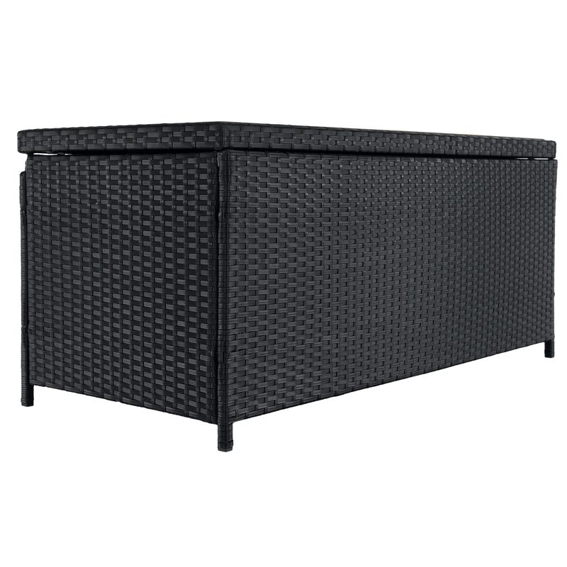 Záhradný úložný box, lavica, čierny ratan, prírodné drevo, BEMUS