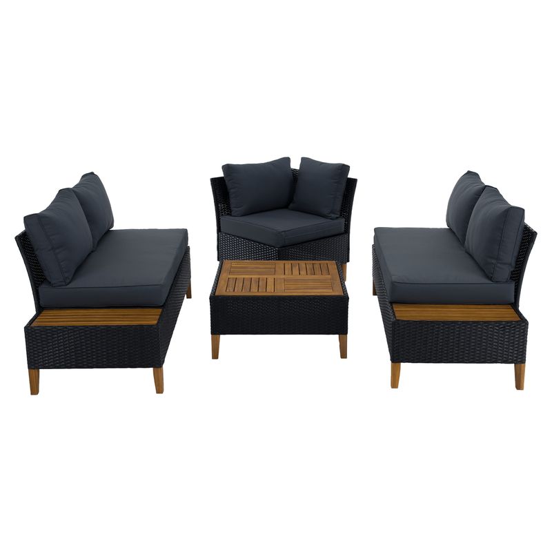 Záhradný, ratanový set, akáciové drevo, čierny ratan, sivá látka, MALKOM