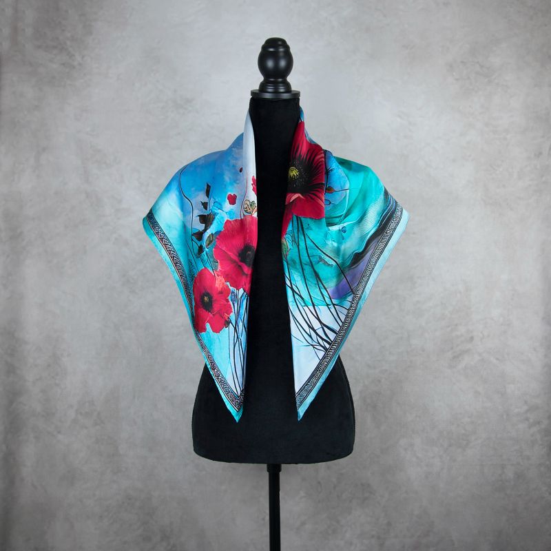 Módna hodvábna šatka MAK VLČÍ - MODRÝ, 90 x 90cm, MADE IN SLOVAKIA