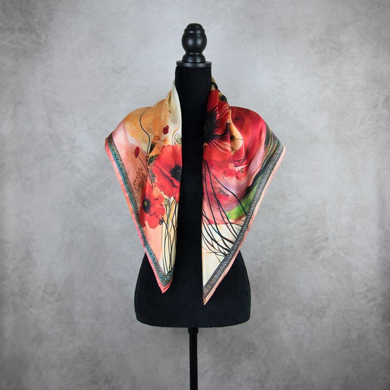 Módna hodvábna šatka MAK VLČÍ - ČERVENÝ, 90 x 90cm, MADE IN SLOVAKIA