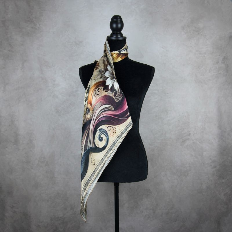 Módna hodvábna šatka LÚČNE KVETY - BÉŽOVÉ, 90 x 90cm, MADE IN SLOVAKIA