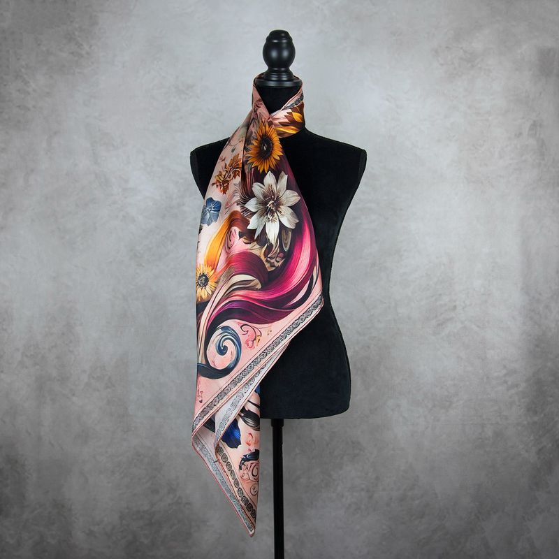 Módna hodvábna šatka LÚČNE KVETY - RUŽOVÉ, 90 x 90cm, MADE IN SLOVAKIA