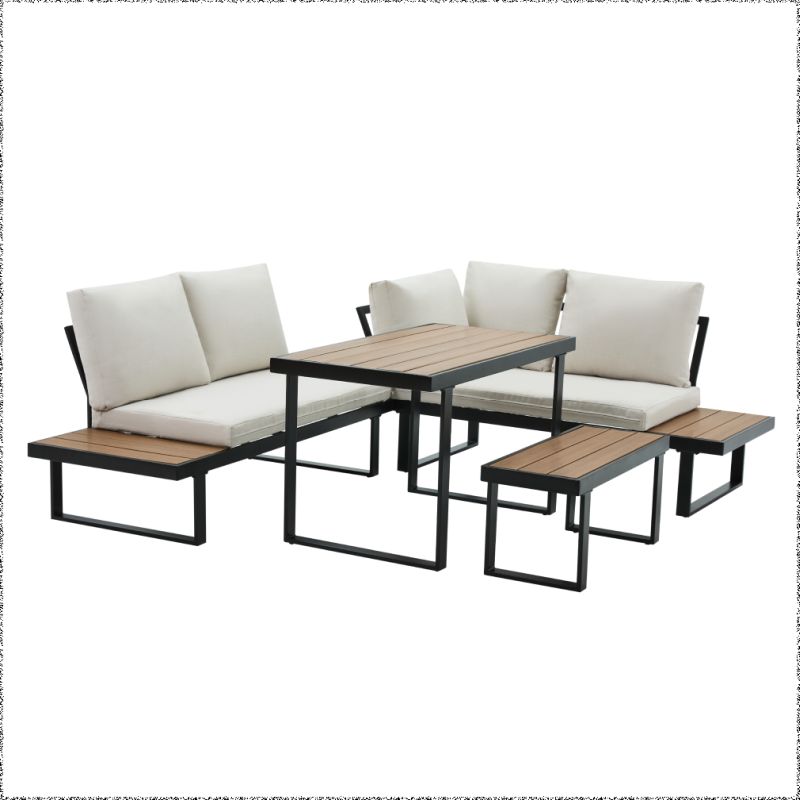 Záhradný set, čierny kov, krémová látka, dub polywood, FLOJD