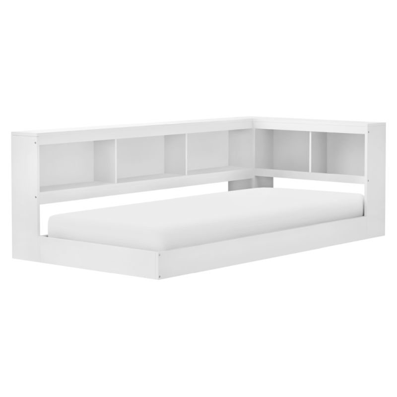 Posteľ, 90x200, s roštom a regálom, biela, TOSIA