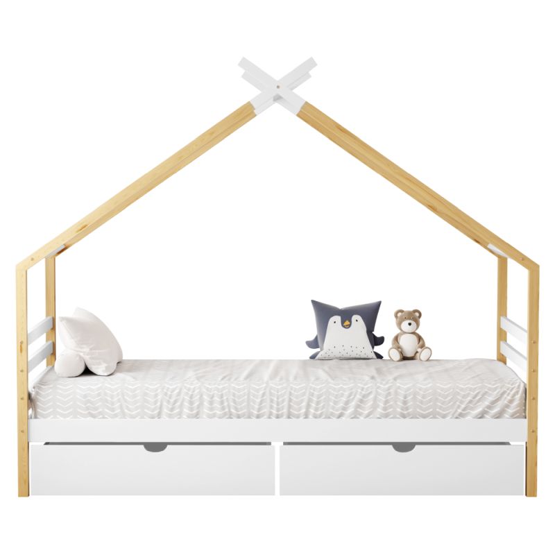 Montessori posteľ, 90x200, s roštom, biela, hnedá, TARA
