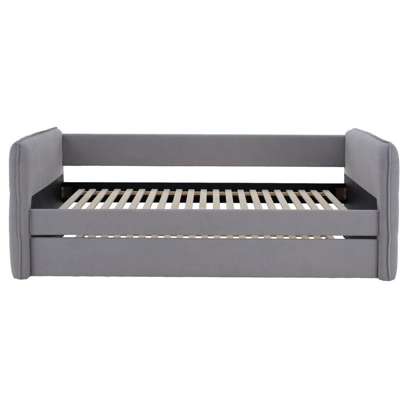 Rozkladacia posteľ, 90x200, s roštom, sivá látka, TRINIA