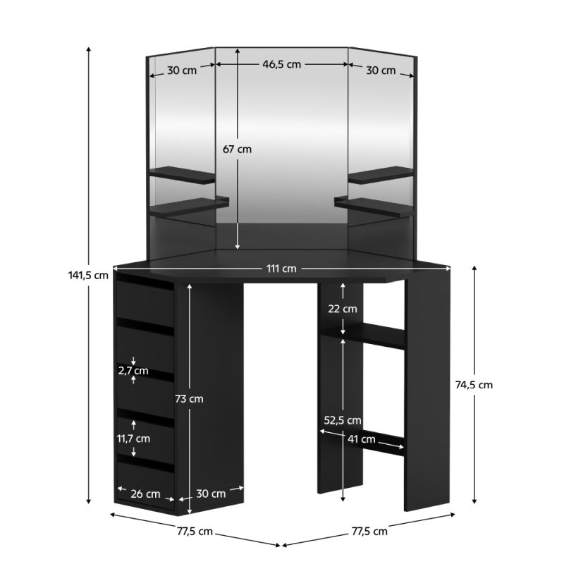 Rohový toaletný stolík, 111cm, čierny, ELIO