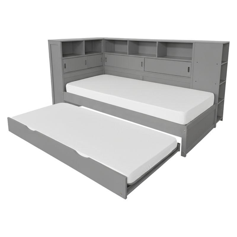 Posteľ, 90x200, s roštom, regálom a prístelkou, sivá, LENDON