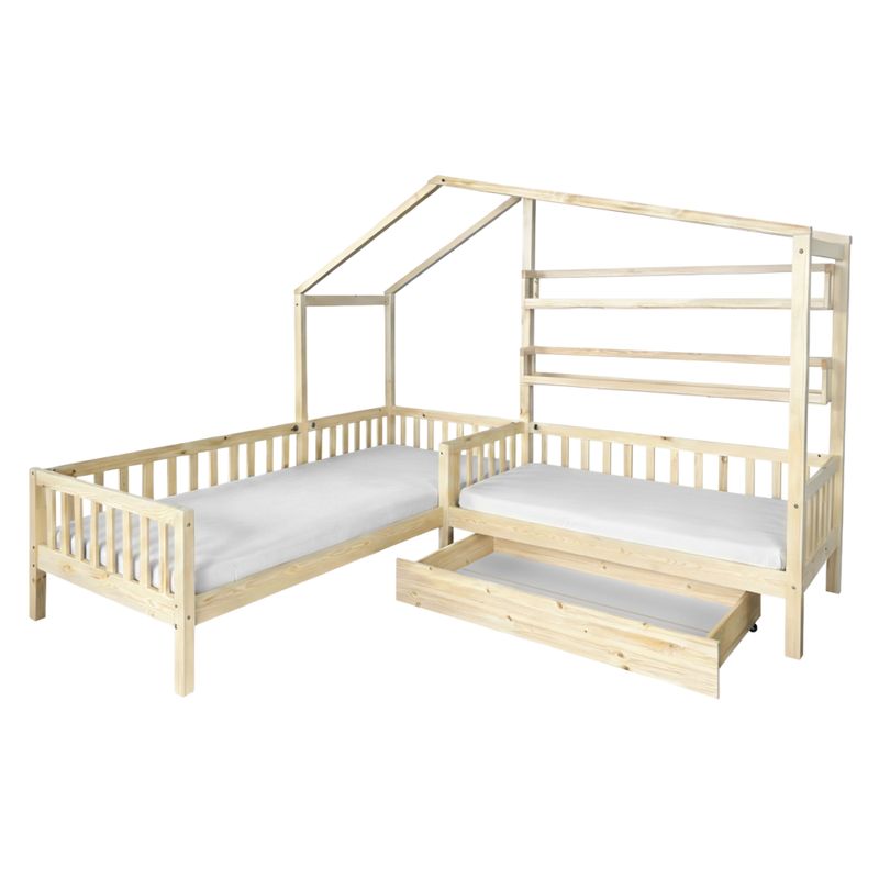 Posteľ pre 2 deti, 90x200+70x140, s roštom, prírodná, ENOLA