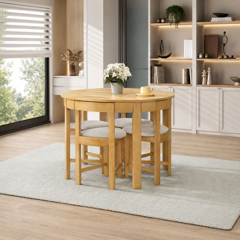 Jedálenský set 1+4, 103x103cm, drevo dub svetlý, látka béžová, DOMIO