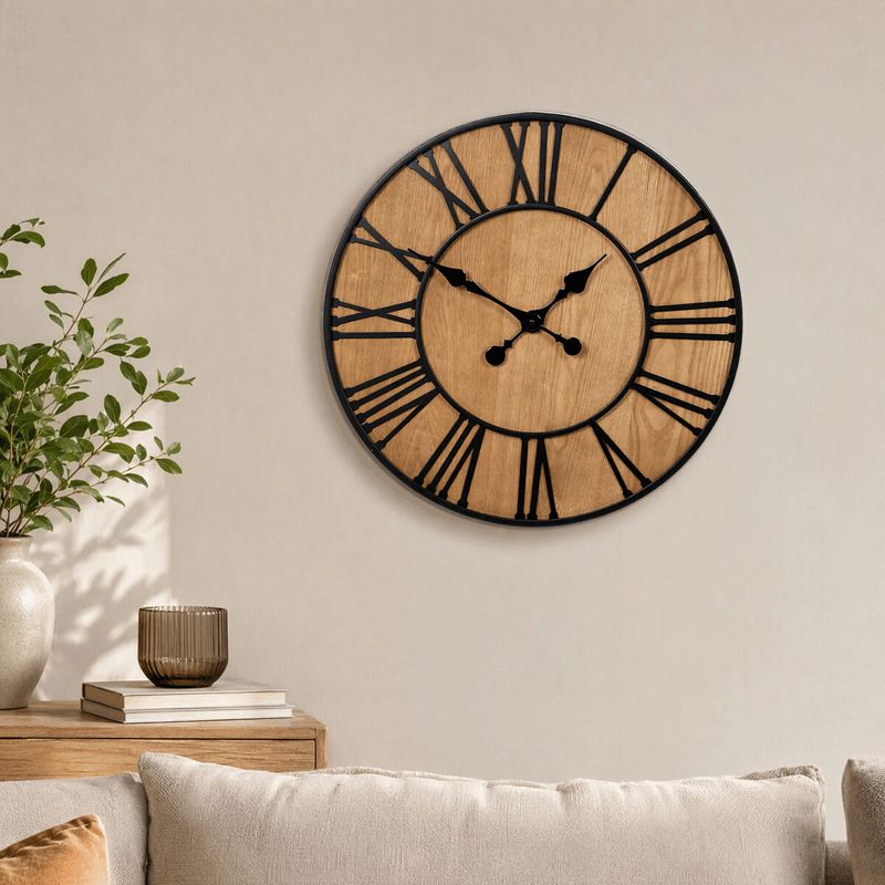 Hodiny nástenné, kov a MDF s jaseňovou dyhou, 60cm, FA23-020
