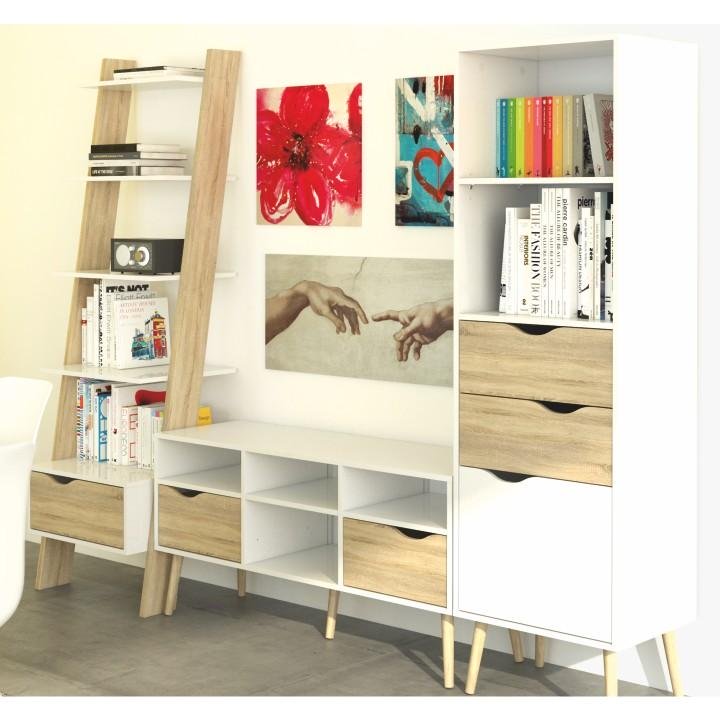 Regál, 55cm, so zásuvkou, dub sonoma, biely, OSLO 75385