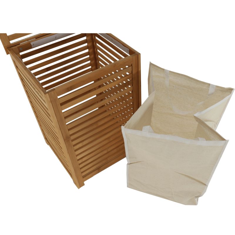 Kôš na bielizeň, 40cm, bambus prírodný, béžová látka, BASKET