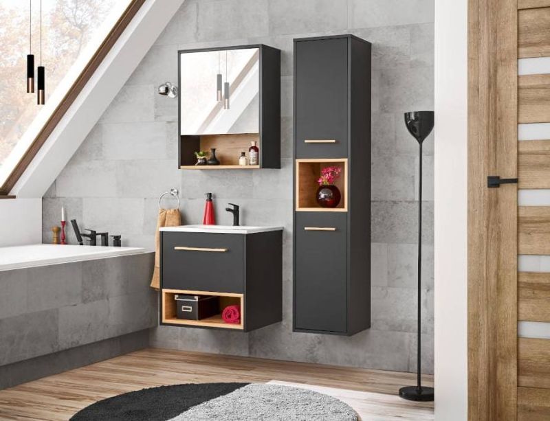 Skrinka so zrkadlom, 60cm, sivá, dub artisan, BORNEO COSMOS 840