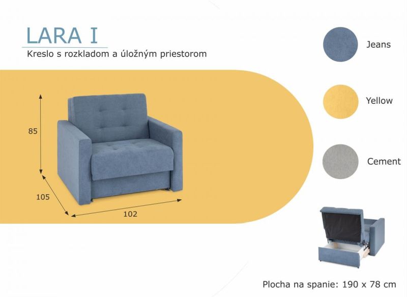 Kreslo s rozkladom a úložným priestorom, látka sivá, LARA I