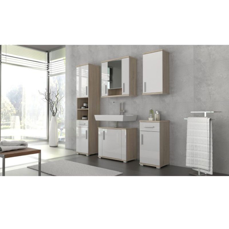 Závesná skrinka so zrkadlom, 69cm, dub sonoma, biela, LESSY NEW 01