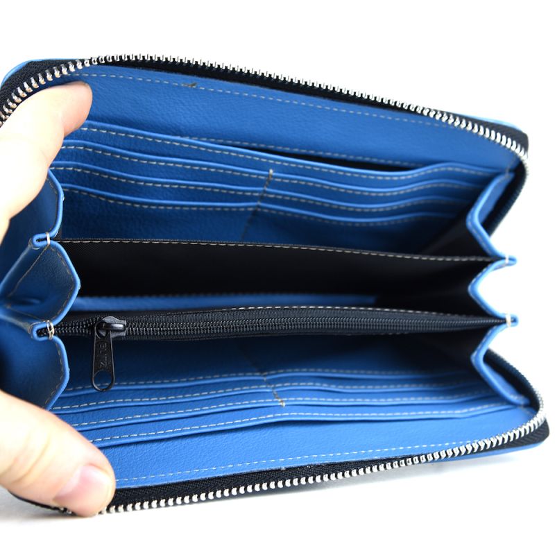 Módna dámska vyšívaná kožená peňaženka č.8606 s motívom včelieho úľa, modrá farba