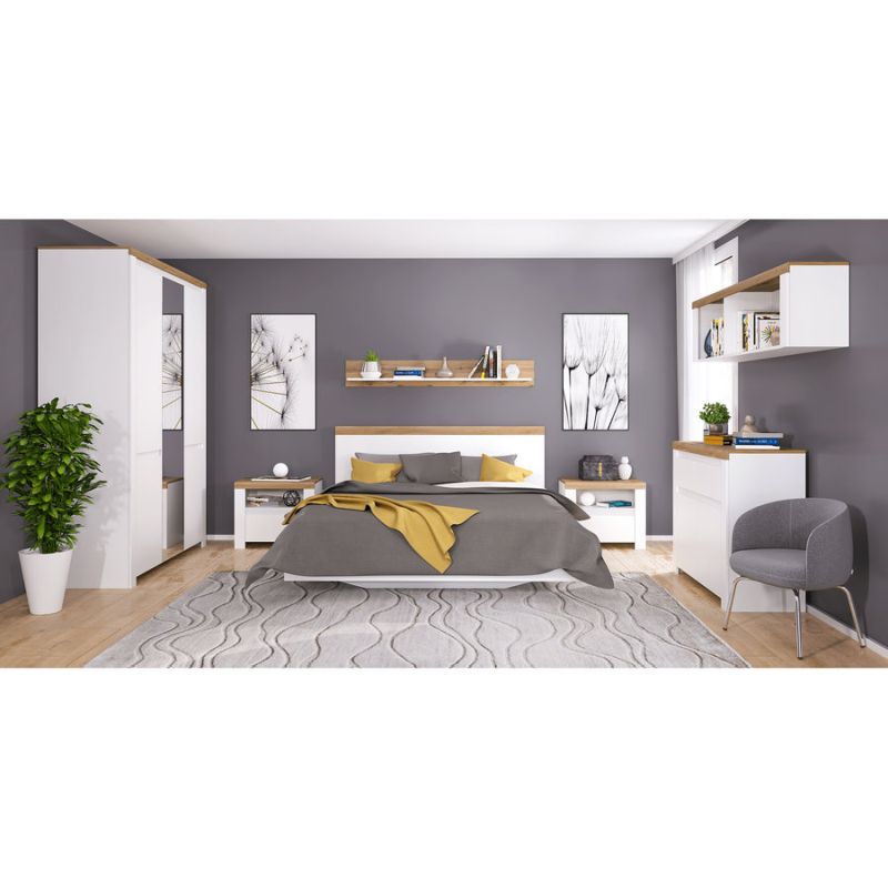 Skriňa, 151cm, kombinovaná, biely lesk, dub wotan, zrkadlo, VILGO 5D