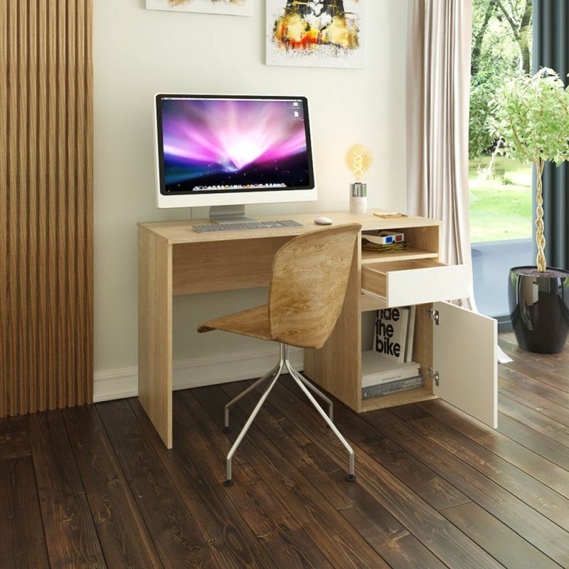 PC stôl, 120x53cm, dub sonoma, biely, BILI NEW