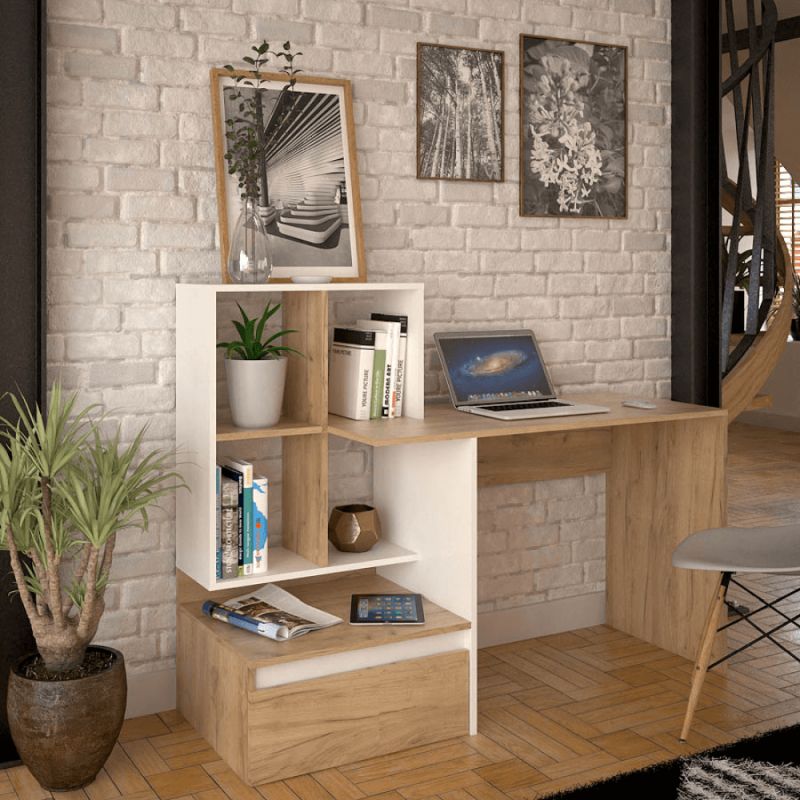 PC stôl, 145x52cm, dub artisan, biely, NEREO NEW