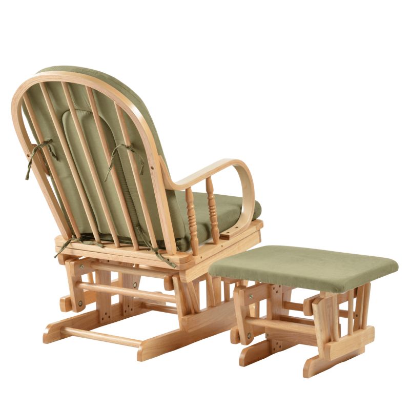 Hojdacie kreslo s podnožou, prírodné drevo, zelená látka, DALBERT