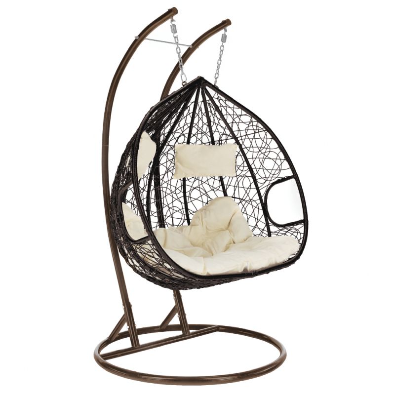 Závesné dvojkreslo, kov medený, ratan hnedý, látka krémová, DALVEA 2 NEW