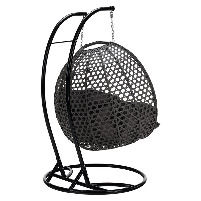 Závesné dvojkreslo, kov čierny, ratan sivý, látka tmavosivá, DAKAN NEW